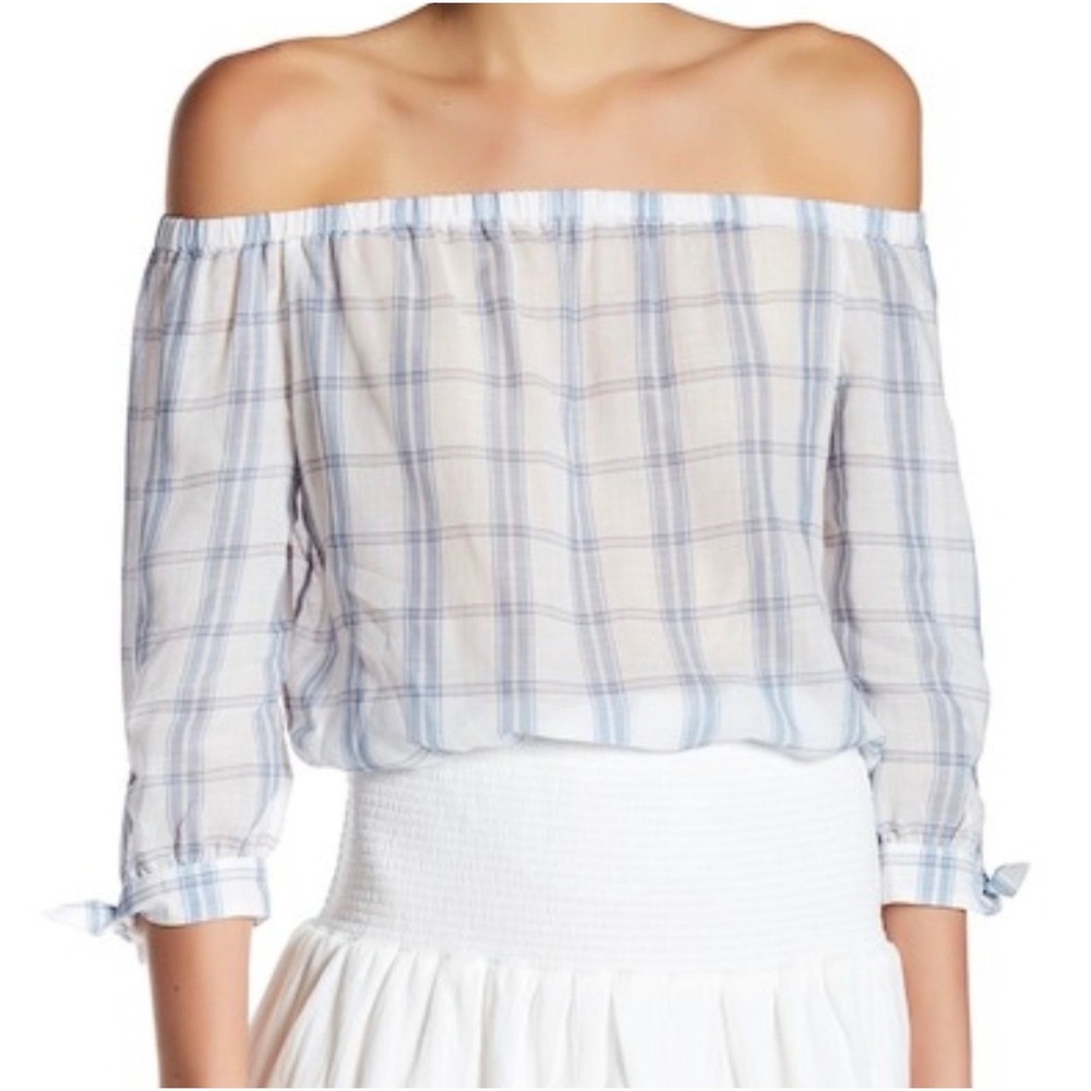 Paige Antonia Plaid Off The Shoulder Cotton Blouse Blue White Tie Cuff XS